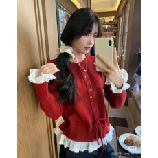 批发温柔<b class='q'>蕾丝</b>边抽绳圆领长袖针织开衫上衣女小个子短款毛衣外套秋冬季