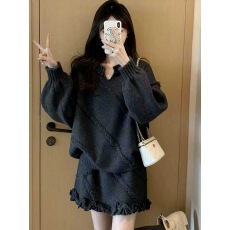 批发2025年慵懒风毛衣套装女深冬穿搭针织上衣半身裙两件套<b class='q'>大码</b>套装