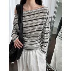 批发一字领条纹斜肩长袖T恤女2026夏季新款韩系收腰显瘦轻薄防晒上衣