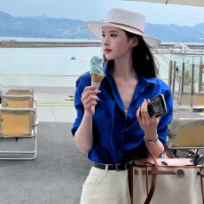 批发克莱因蓝气质Polo领长袖<b class='q'>衬衫</b>女秋冬休闲打底高级叠穿显白蓝色<b class='q'>衬衣</b>