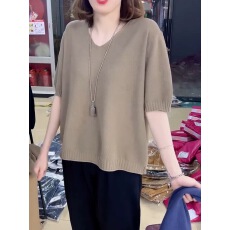 批发夏季新款纯色V领<b class='q'>针织衫</b>女短袖净版百搭显瘦时尚气质薄款半袖上衣