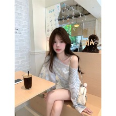 蓝色条纹斜肩冰丝长袖防晒T恤罩衫女夏季吊带外搭轻薄纱露肩上衣