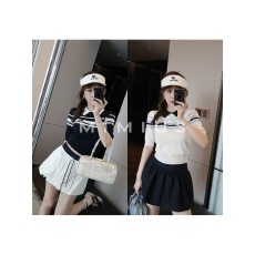 批发游鹿鹿 学院风气质休闲针织衫套<b class='q'>装</b>夏短袖T恤设计感短<b class='q'>裤</b>两件套2062