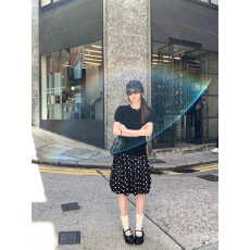 批发孔真烦呐 黑色针织短袖波点<b class='q'>百褶</b>半身裙套装搭配一整套显瘦又减龄