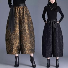 批发高档浮雕提花阔腿裤女秋冬新款加厚大码<b class='q'>九分</b>灯笼裤休闲靴裤