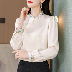 实2026春秋新款新中式国风套头小清新淑女刺绣荷叶立领长袖小衫