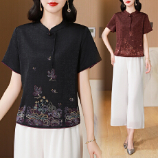 批发实拍2026夏季新款新中式国风立领盘扣重工刺绣真丝香云纱<b class='q'>妈妈</b>装