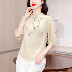 批发实拍2026夏季新款仿醋酸缎面提花七分袖<b class='q'>衬衫</b>高级感新中式国风上衣