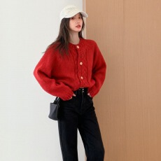 批发韩系复古粗线泡泡袖针织开衫女秋<b class='q'>冬</b>新款设计感气质百搭