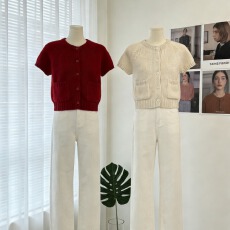 批发miu系甜美圆领短袖粗针毛衣女秋冬气质叠穿显瘦简约百搭针织开衫