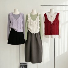 批发韩国设计感U领套头毛衣马甲女百搭叠穿钩花<b class='q'>镂空</b>短款针织背心上衣