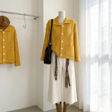 批发DIAMOND◆南岸画廊 镂空慵懒风翻领<b class='q'>宽松</b>长袖毛衣针织开衫外套