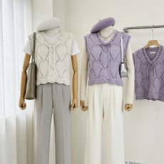 批发韩系温柔早春新款镂空针织叠穿菱格背心针织马甲马夹女