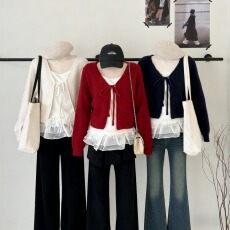 批发氛围感V领系带毛衣<b class='q'>开衫</b>+抓绒拼接荷叶边吊带两件套