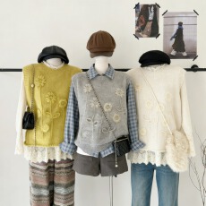 批发<b class='q'>韩国</b>东大门早春新款通勤风常规圆领钩花针织韩系宽松背心马甲上衣