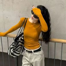 批发小个子短款<b class='q'>长袖</b><b class='q'>T</b><b class='q'>恤</b>女2025年早秋修身显瘦气质休闲百搭圆领打底衫