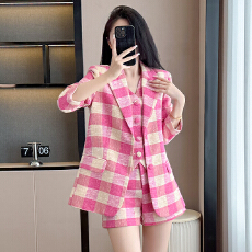 批发棉麻<b class='q'>格子</b>西装短裤马甲套装女2025年秋冬季时尚气质设计感小众西服