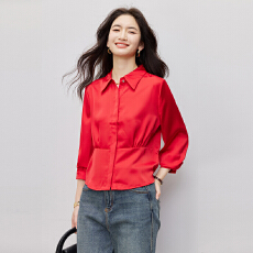 批发喜庆洋气大红色衬衣女2026春<b class='q'>韩版</b>时尚简约纯色上衣设计感气质衬衫