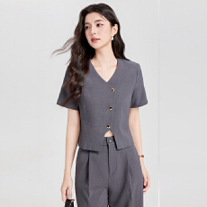 批发小香风短袖小西装外套女<b class='q'>夏</b>季薄款气质女神范V领短款休闲西服套装