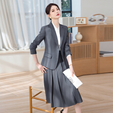 批发灰色西装外套女大学生面试教资答辩正装穿搭职业装西服百褶裙套装
