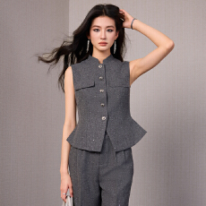 批发港式名媛立领马甲外套夏季高级感简约女神范干练通勤修身马甲套装