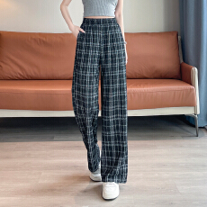 批发时尚气质格子长裤春夏季新款高腰显瘦垂感宽松女神范小香风裤子