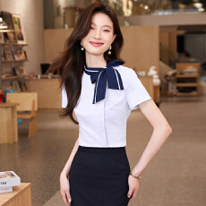 批发高端设计感气质系带<b class='q'>衬衣</b>男女同款春夏<b class='q'>OL</b>简约通勤职业长短袖<b class='q'>衬衫</b>
