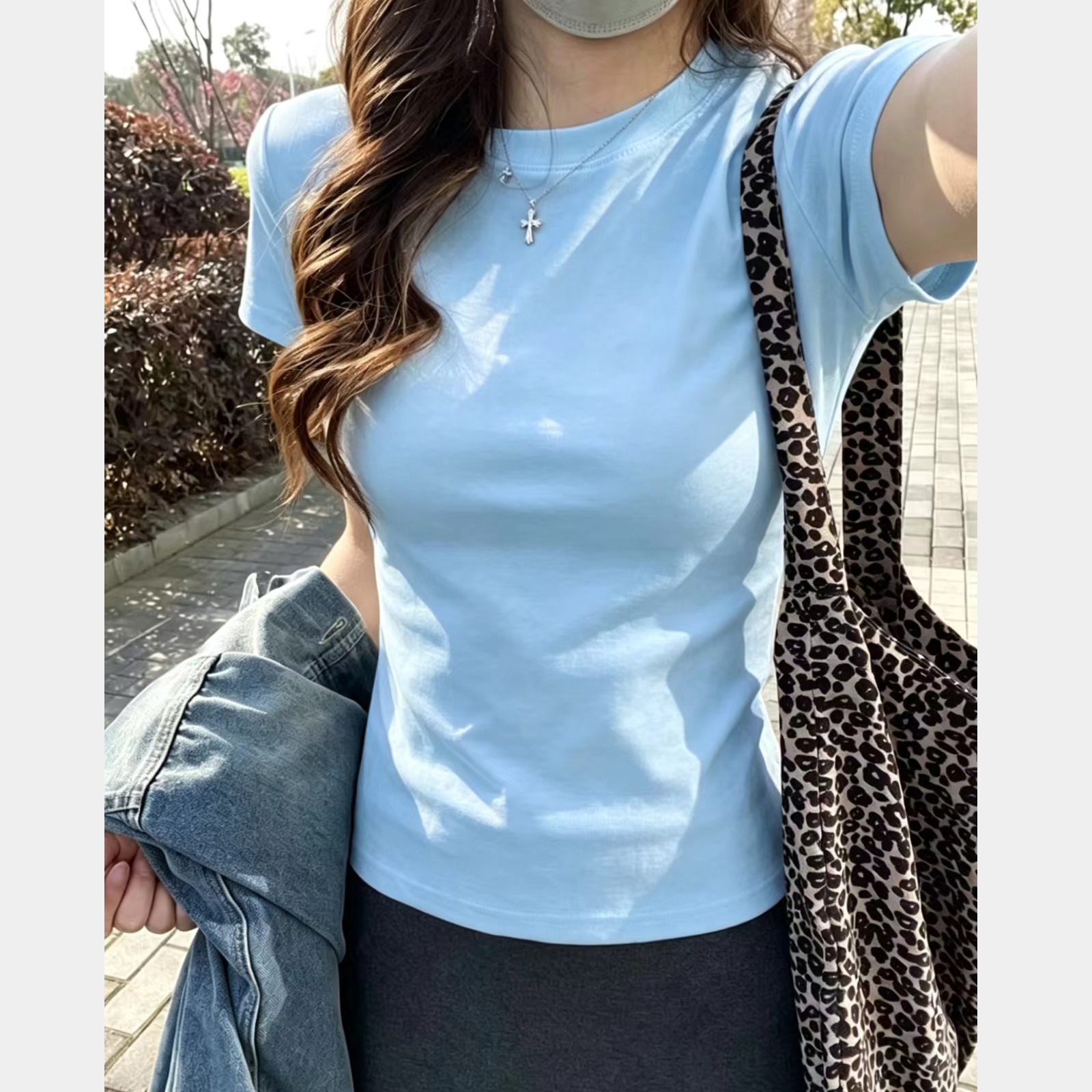 RY6781# 时尚休闲正肩短袖T恤女夏季新款纯色圆领百搭修身显瘦韩式上衣