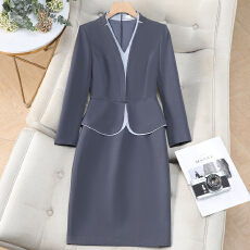 批发修身设计感显瘦V领西装<b class='q'>连衣裙</b>女秋季新款职业美容院接待员<b class='q'>连衣裙</b>