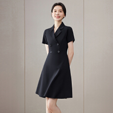 批发高级感<b class='q'>双排扣</b>连衣裙女春夏季气质名媛风职业工服简约纯色短袖裙子