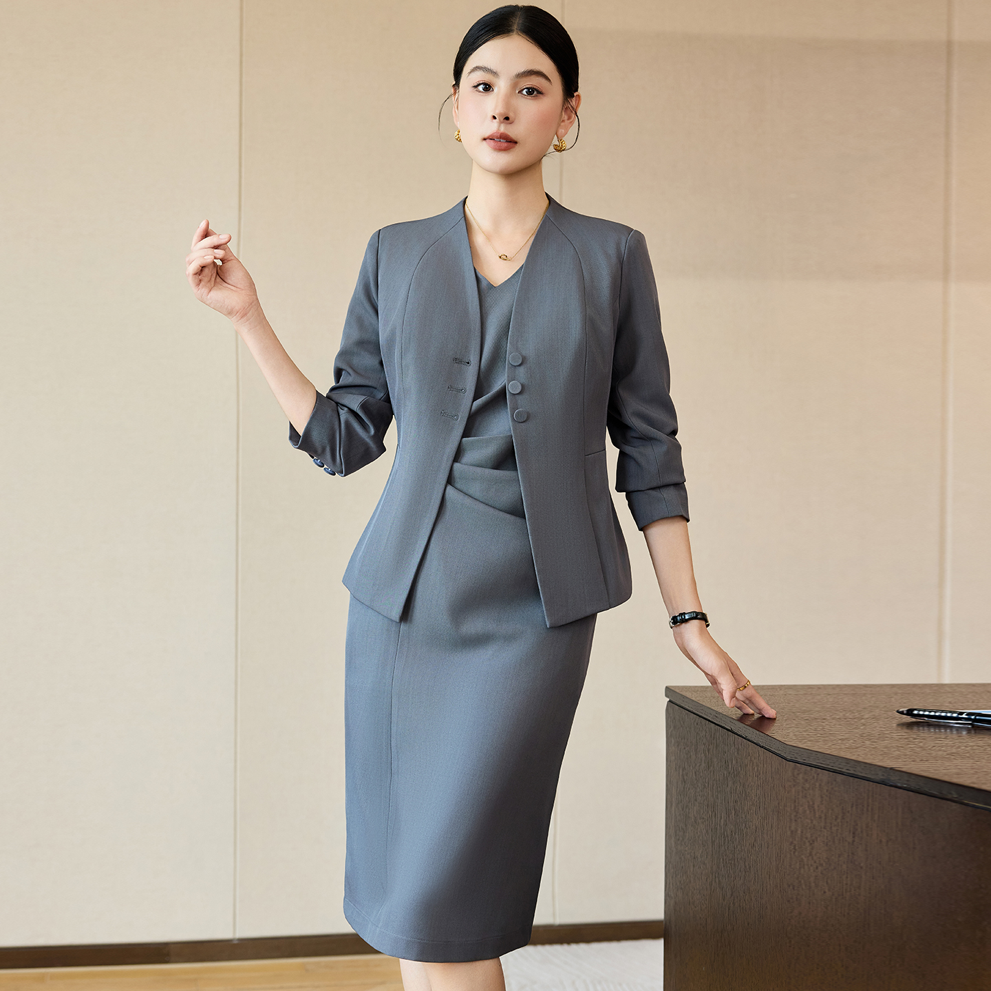 BY33872# 职业工作服无领西装外套女春秋季高级感气质V领西服连衣裙两件套