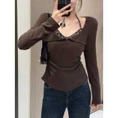 批发微胖mm时髦名媛风豹纹假两件挂脖长袖T恤女冬修身显瘦打底衫上衣