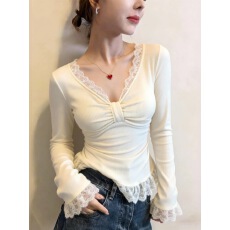 法式蕾丝拼接扭结V领长袖打底衫女内搭秋冬微胖mm大码设计感上衣