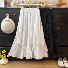 批发韩系不规则荷叶边波点<b class='q'>半身裙</b>女春夏2026松紧腰休闲A字褶皱大摆裙