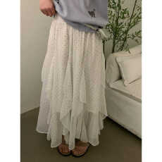 批发法式度假风波点雪纺<b class='q'>半身裙</b>女中长款显瘦A字裙不规则荷叶边裙子女
