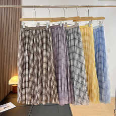 批发韩系复古格纹网纱半身裙女春夏季新款高腰显瘦A字百褶大摆中长裙