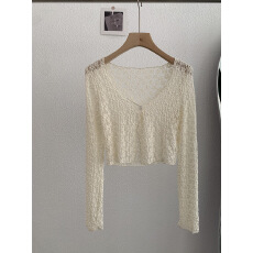 批发2025年<b class='q'>小</b>碎花一粒扣V领<b class='q'>蕾丝</b>镂空开衫夏季短款修身<b class='q'>小</b><b class='q'>披肩</b>长袖外搭