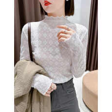 批发高挡<b class='q'>蕾丝</b>打底衫女新款秋冬西装内搭半高领网纱长袖木耳边小衫薄款