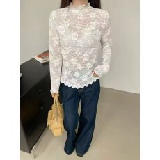 批发春秋微透长袖网纱<b class='q'>蕾丝</b>打底衫女木耳边洋气半高领内搭薄款<b class='q'>钩花</b><b class='q'>上衣</b>