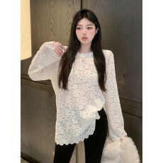 批发韩系时尚气质磨毛蕾丝提花t恤女ins宽松慵懒风2025秋冬季显瘦长袖