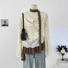 批发<b class='q'>不规则</b>蕾丝勾花荡领长袖T恤女秋2025荷叶边拼接褶皱修身显瘦上衣