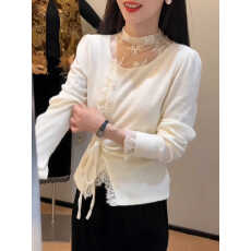 批发<b class='q'>不规则</b>系带拼接蕾丝长袖t恤女装2025新款秋冬收腰超好看漂亮上衣