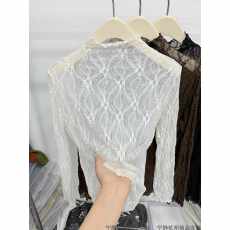 批发2025秋季新款韩系<b class='q'>淑女</b>风网纱蕾丝打底衫女长袖百搭高级感内搭上衣
