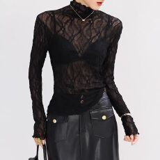批发高领黑色蕾丝打底衫女修身叠穿长袖内搭秋冬薄轻奢高级感网纱上衣