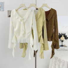 批发法式<b class='q'>不规则</b>荷叶边飘带V领长袖T恤女秋季2025小众气质修身显瘦上衣