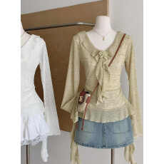 批发复古荷叶边显瘦气质针织衫T恤女设计感<b class='q'>不规则</b>小众V领长袖修身上衣