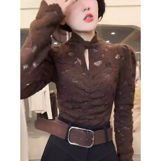 批发2025秋冬半高领性感镂空蕾丝打底衫高级感修身洋气内搭长袖上衣女