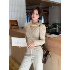 批发2025秋冬季纯欲网纱飘带花边V领加绒蕾丝打底衫女修身长袖上衣潮