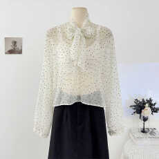 批发设计感蝴蝶结系带半高领<b class='q'>波点</b>长袖<b class='q'>衬衫</b>女秋季2025宽松叠穿透视上衣