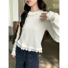 批发韩系简约温柔风软糯花边毛绒打底衫女上衣秋冬2025新款<b class='q'>长袖</b>百搭潮